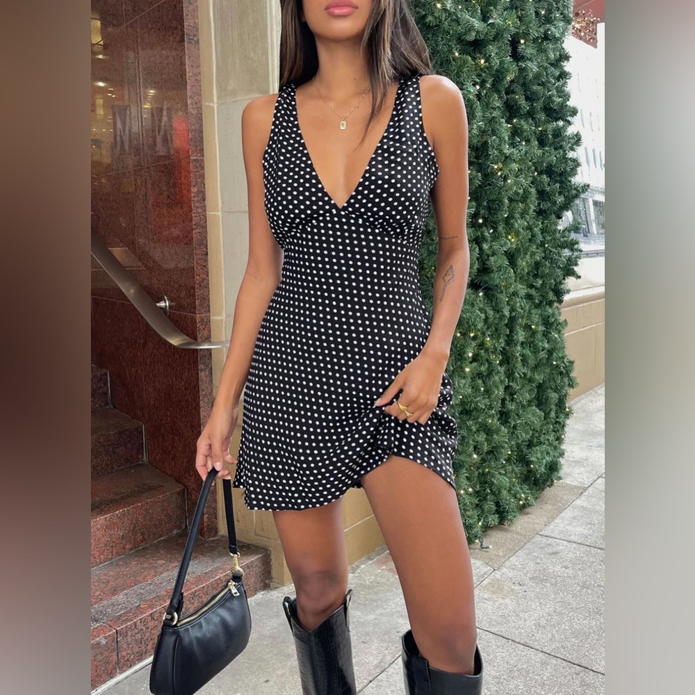 Princess Polly NELLIE MINI DRESS BLACK POLKA DOT